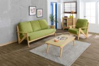 实木布艺沙发组合 三人+单人沙发各一个 实木桌子一个 绿色